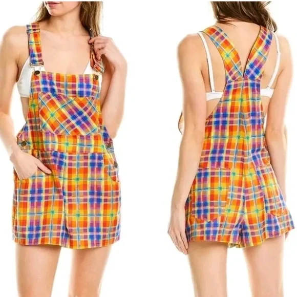 {WeWoreWhat} Brand New Basic Short Overalls in Rainbow Plaid - Picture 2 of 4